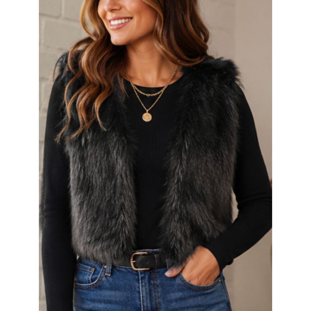 JJ Basics Faux Fur Sweater Vest Women’s Large Black Open Front Cozy Layering